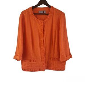 Chicos Linen Hidden Snap Orange Cardigan Jacket 3/4 Sleeves Size 3 XL